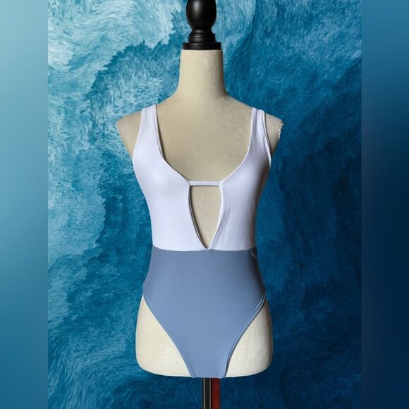 SHEIN Blue & White Color Block One Piece Bathing Suit (Medium) - Picture 2 of 10